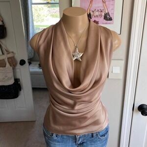 y2k 2000s beige satin cowl neck draped tank top